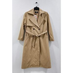 CIDER Women’s Beige Long Trench Coat M – Elegant Double Breasted Belted Jacket